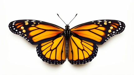 Monarch Butterfly with open wings in a top view as a flying migratory insect butterflies that represents summer  on isolated white background.