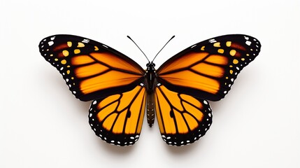 Monarch Butterfly with open wings in a top view as a flying migratory insect butterflies that represents summer  on isolated white background. - obrazy, fototapety, plakaty