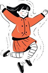 Happy girl jumping with raised hands vector illustration in doodle style