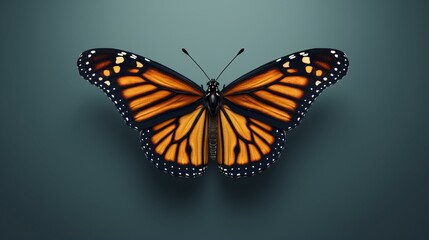 Monarch Butterfly with wide wings in a top view as a flying migratory bug butterfly that symbolizes summer and nature's beauty.