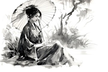 A woman in kimono sitting by an umbrella with bamboo in the background.