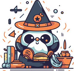 Cute panda in witch hat reading a book vector illustration