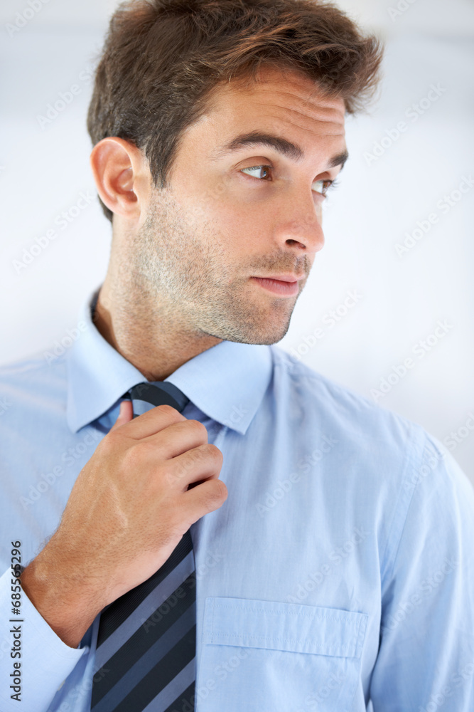 Poster Thinking, business and man with ideas, professional and solution with planning, problem solving and inspiration. Person, agent and consultant with confidence, decision or choice with startup career