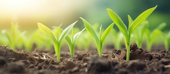 Young corn seedlings sprouting in a farm field copy space image