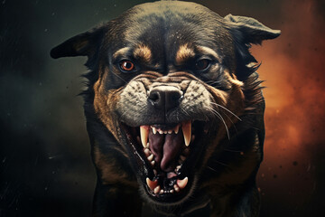Angry dog with open mouth on dark background, Generative Ai