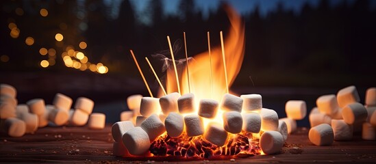 Toasted marshmallows on a stick over a bonfire copy space image