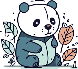Cute panda sitting in the leaves vector illustration in flat linear style