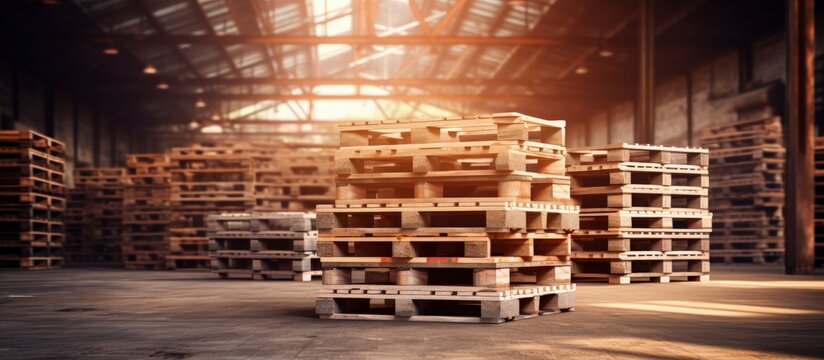 Wooden pallets stored for transport and logistics in warehouse copy space image