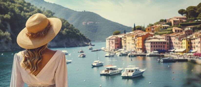 Tourist girl enjoying view of picturesque village in Portofino Italy copy space image