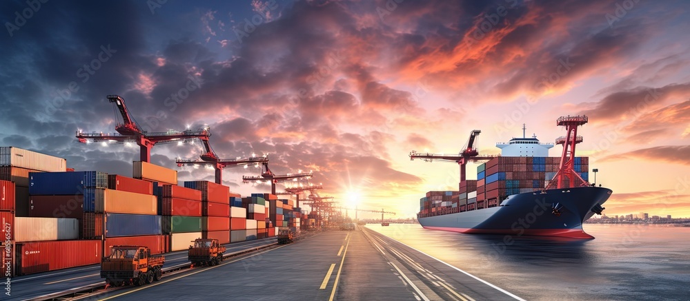 Poster transporting cargo by both ship and plane copy space image