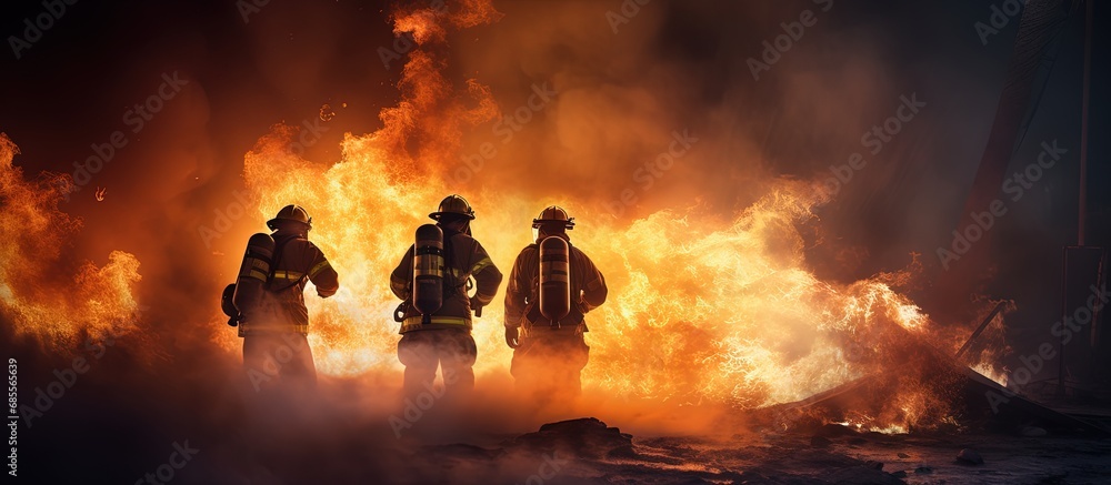 Poster Trainee firefighters battling flames in practice copy space image