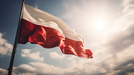 Flag of Poland red and white on sunny day background as national symbol for patriotism on Independence Day - obrazy, fototapety, plakaty
