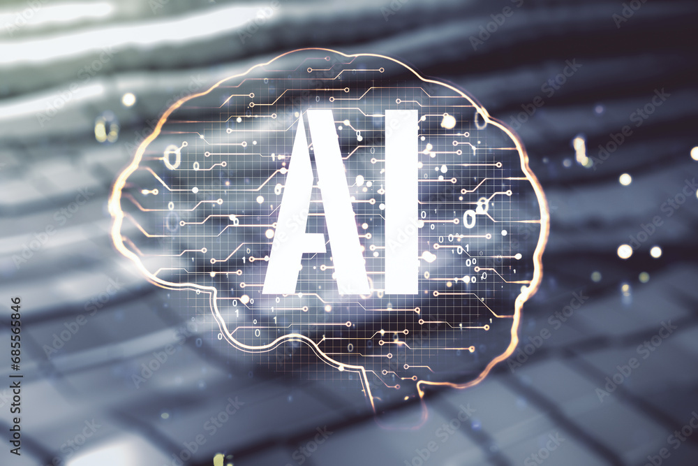 Aufkleber virtual creative artificial intelligence hologram with human brain sketch on blurry abstract metal b