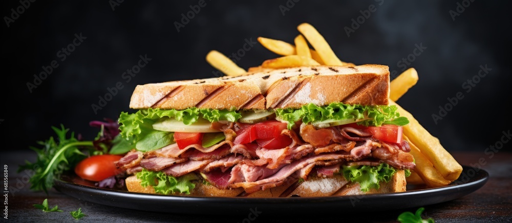 Aufkleber top view of a club sandwich with cheese cucumber tomato smoked meat salami and french fries copy spa