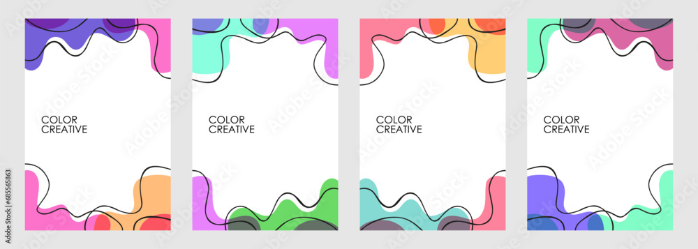 Poster Set of abstract backgrounds with various curved color shapes and black wavy lines for creative graphic design. Vector illustration.