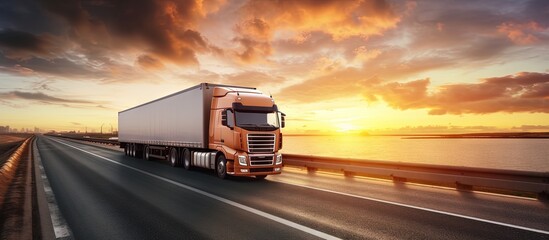 Trucks transporting cargo at sunset offering cost effective transportation for commercial logistics copy space image