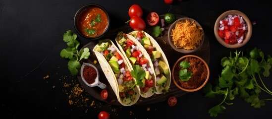Top view of mouthwatering Mexican tacos on black plate with tomato sauce and avocado served on wooden table copy space image