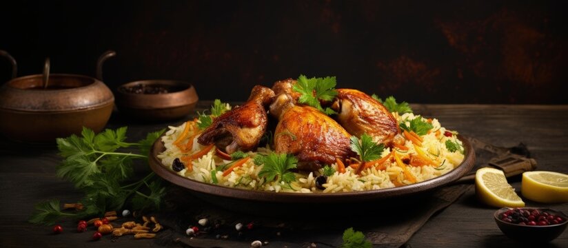 Turkish cuisine includes a type of pilaf called Maklube which consists of chicken vegetables and rice copy space image