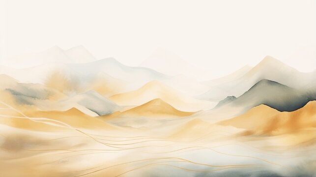 Vector mountain background Minimalist landscape painting with a watercolor brush and a golden line art effect. Abstract art for prints, wall arts, and canvas prints.