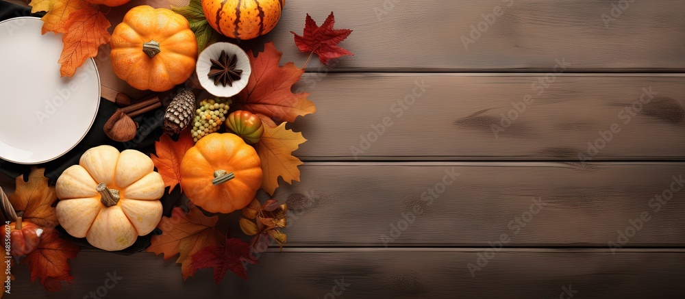Poster top view of an autumn themed thanksgiving dinner table with decorated pumpkins and maple leaves copy