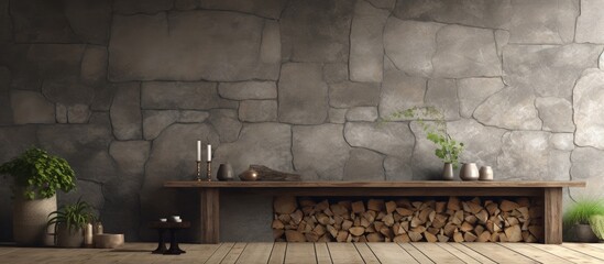 Vintage style living with stone and wood copy space image