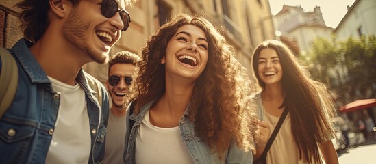 Vertical street photo of young friends happily walking laughing and having fun together copy space image