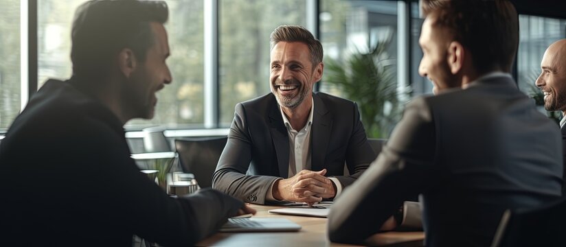 Two good looking businessmen are happily discussing a project in a conference hall One shares ideas with enthusiasm and the other listens attentively They sit at a desk and smile copy space image