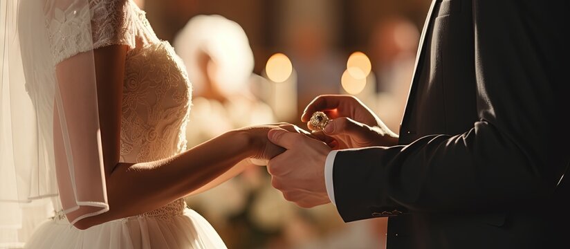Unfamiliar couple exchanging wedding rings in church during a Christian ceremony copy space image