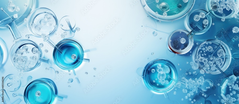 Poster top down view of laboratory glassware submerged in water showcasing petri dishes flasks and test tub