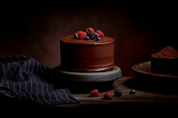 Closeup of a rich chocolate cake with berries