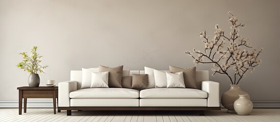 Fototapeta na wymiar White carpet and minimalist decor in a classic living space copy space image