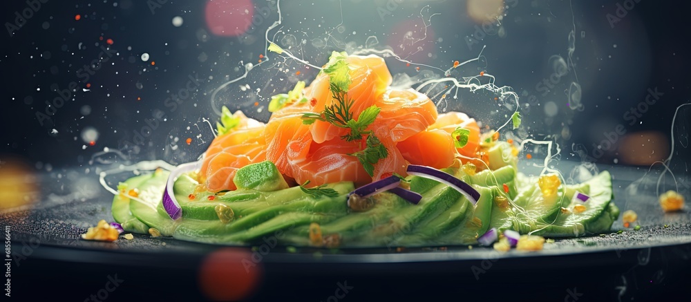 Poster unconventional salmon tartare with kiwi and orange dressing satisfyingly delightful copy space image