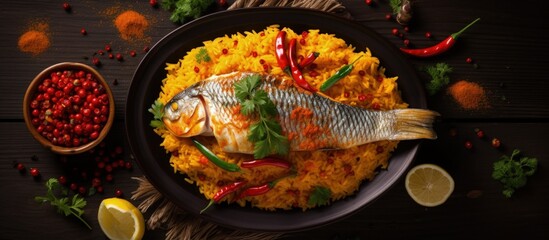 Typical Brazilian dish with grouper saffron rice farofa pirão and pepper sauce copy space image