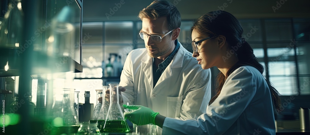 Poster Young student and supervisor scientist observing color shift in flask in chemical lab copy space image
