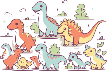 Cute cartoon dinosaurs set vector illustration in doodle style