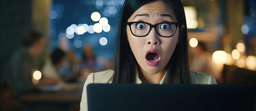 Upset Asian businesswoman shocked by bad deal looking at laptop screen crisis reaction Unpleasantly surprised woman at office due to bad email on computer copy space image