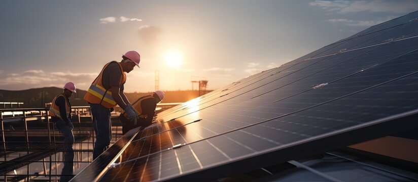 Two workers in safety gear are installing solar panels at a solar farm copy space image