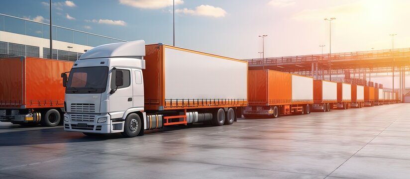 Trucks delivering cargo containers at warehouse for logistics copy space image