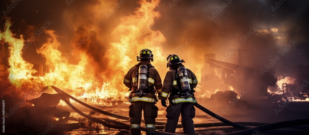 Poster Trainee firefighters battling flames in practice copy space image