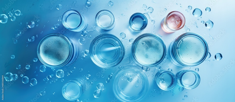 Poster top down view of laboratory glassware submerged in water showcasing petri dishes flasks and test tub