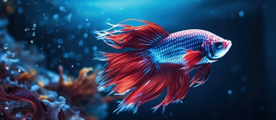 Underwater closeup of a Betta splendens fighting fish copy space image - obrazy, fototapety, plakaty
