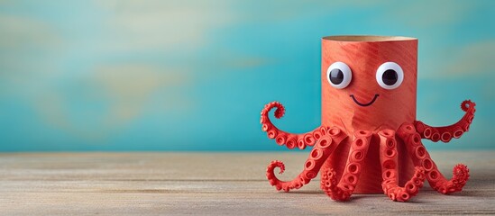 Toilet roll tube used for eco friendly kids paper craft making a red octopus with tentacles enhances creativity motor skills and imagination copy space image