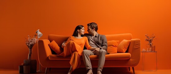 Youthful couple on orange couch cuddling and gazing at each other in a hostel copy space image