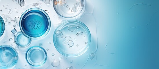 Top down view of laboratory glassware submerged in water showcasing Petri dishes flasks and test tubes with a blue tint copy space image