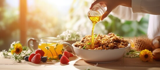 Woman enhances granola with honey creating a nutritious breakfast of muesli and fresh fruits copy space image
