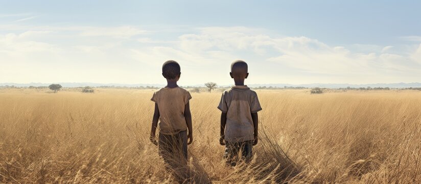Two African boys observing a barren field with dry grass pondering the effects of global warming desertification and water scarcity copy space image