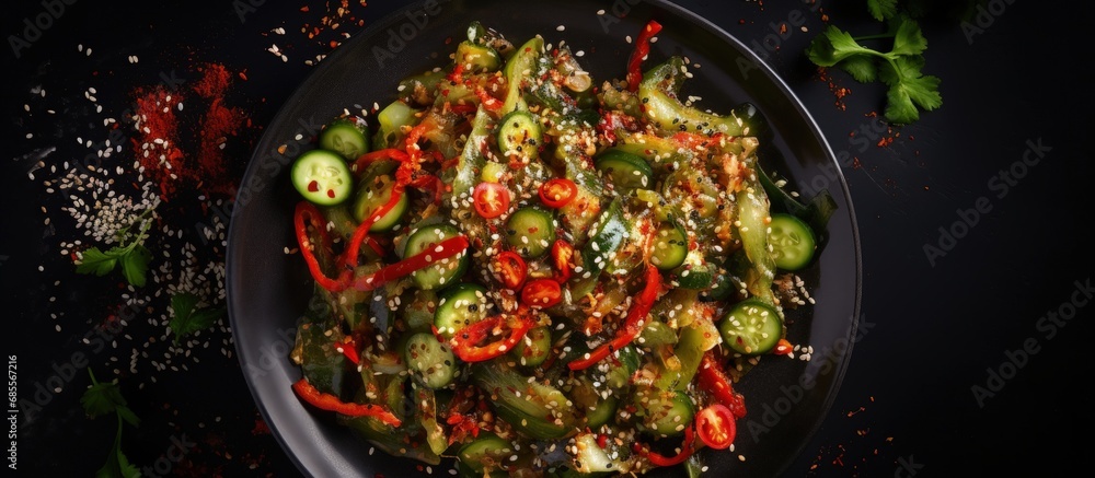 Aufkleber top view of chinese cucumber salad with chili peppers and sesame seeds smashed copy space image
