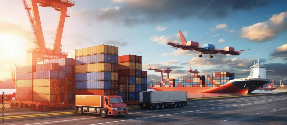 Poster transporting cargo by both ship and plane copy space image