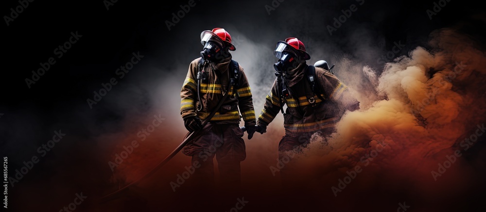 Poster two smoke filled firefighters with axe and helmet copy space image