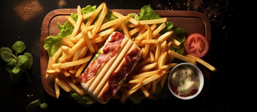 Top view of a club sandwich with cheese cucumber tomato smoked meat salami and French fries copy space image